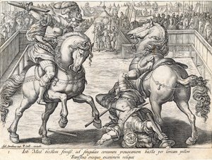 Giovanni de&39;Medici在决斗中杀死一名对手，从“美第奇历史”中获得第5盘，由Philip Galle（1537-1612）雕刻，第1583页 作者 扬·范德·斯特雷特