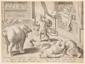 罗马士兵与汉尼拔的一头大象搏斗，《Venationes Ferarum, Avium, Piscium》系列中的第7幅。