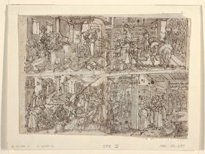 正面：四幅 "Vermis Sericus"（造丝）系列版画的初步设计。左上图绕丝。左下：准备桑叶。右上图：将桑叶放在架子上。右下图：给蚕喂桑叶。Ve