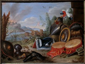 武器奖杯。 Jan I Kessel The Old (1626-1679) Ec. 的绘画 火焰。