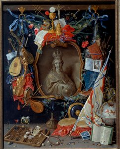 处女被vanite符号所包围。扬一-凯瑟尔的画作 《老人》（1626 - 1679）。