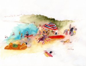 哈纳雷湾的海滩日光浴者和冲浪者，约 2019 年（纸上水彩和铅笔）