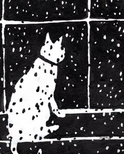 窗外暴风雪中的猫，约 2019 年（纸本水墨画）