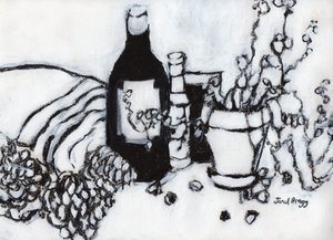 有橄榄油和松果的静物，约 2017 年（纸上炭笔和石膏粉） 作者 贾内尔·布拉格