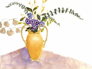 有紫花和英国花瓶的静物，约 2024 年（纸本水彩画） 作者 贾内尔·布拉格