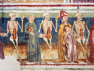 Hrastovlje强化教堂，三一教堂，死亡伴随着主教和僧侣，死亡之舞（1490），Janez Iz Kastva的壁画细节，斯洛文尼亚 作者 珍妮丝·卡斯塔夫（Janetz Kastav）