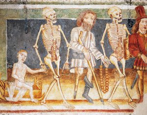 Hrastovlje强化教堂，三一教堂，死亡伴随着孩子和穷人，死亡之舞（1490），Janez Iz Kastva的壁画细节（1490），斯洛文尼亚 作者 珍妮丝·卡斯塔夫（Janetz Kastav）