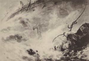一名日本水手在海难中用绳索上岸（石版画） 作者 日本学校