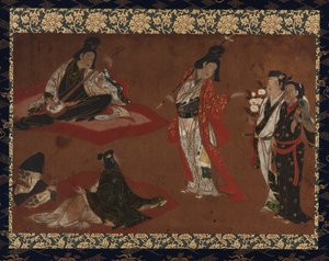 一个野餐派对，挂轴（安装在面板上），17世纪初（纸上的颜色和金色） 作者 日本学校