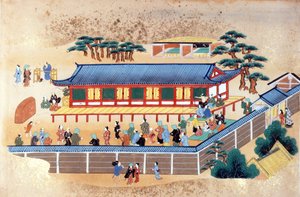 射箭比赛，恩格尔贝特-肯普费尔创作的《肯普费尔日本和中国艺术收藏》中的插图，约 1672 年（彩色石版印刷）。 作者 日本学校