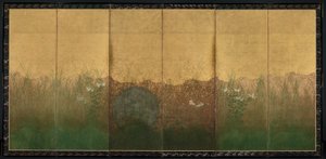 武藏野平原上的满月秋夜，一对六重屏风之一，早于1600年代（镀金纸上的墨水，彩色和金色和银色箔纸） 作者 日本学校