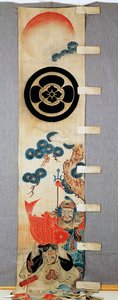 横幅（nobori），七财神图案细节，家族徽章，圆形花朵，棉质，用大米淀粉储备染色，颜料，墨水，化学品，墨水，日本文明，明治大正时期，20 世纪 作者 日本学校