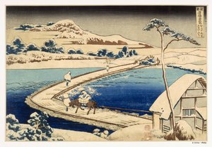 1830年Sawa的小船桥，Hokusai Katasushika（1760-1849）（手工彩色木版画） 作者 日本学校