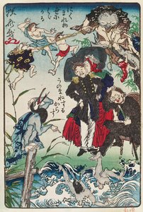 日本人穿西服的漫画，1870年（彩色木版画） 作者 日本学校