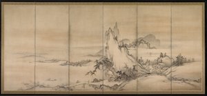 中国风景，一对六折屏风之一 作者 日本学校