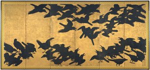 Crows, early 17th century (Pair of six panel screens; ink and gold on paper) 作者 日本学校