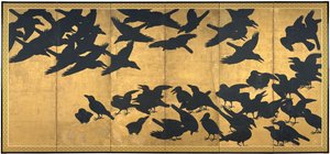 乌鸦，十七世纪初（六对屏风；纸上的墨水和金色） 作者 日本学校
