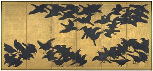 乌鸦，十七世纪初（六对屏风；纸上的墨水和金色） 作者 日本学校
