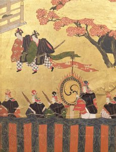 从四叶屏幕的细节描绘两个穿着kazaritachi和士兵，土佐学校，江户时代（颜色，墨水，gofun和金在纸上）的朝臣 作者 日本学校