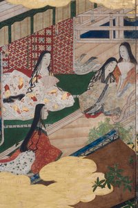 宫殿里的春天的细节，源于源氏物语的六重屏幕，c.1650（墨水，颜色和纸上的黄金） 作者 日本学校