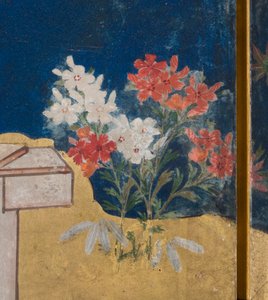 宫殿里的春天的细节，源于源氏物语的六重屏幕，c.1650（墨水，颜色和纸上的黄金） 作者 日本学校