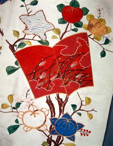 Uchikake或正式长袍（缎锦缎）的细节 作者 日本学校