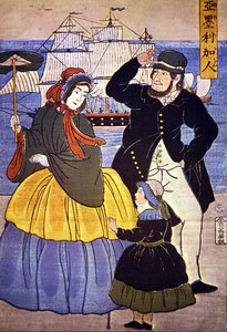 日本艺术家于1861年绘制的横滨港前的欧洲家庭。 作者 日本学校