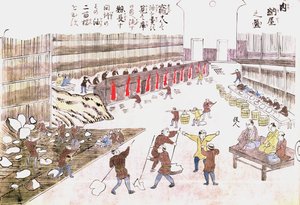 工厂准备鲸鱼产品，19世纪末（彩色雕刻） 作者 日本学校