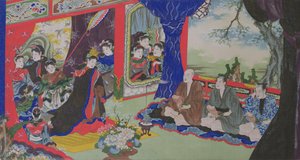 渔民向皇后及其宫廷展示他们的阴茎，选自一个关于渔民在一个女人居住的小岛上遇难的色情故事（手绘版画） 作者 日本学校