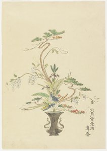 Rokkakud的插花？ Ikenob？ SENY ;松树和金合欢，（手工彩色木版画） 作者 日本学校