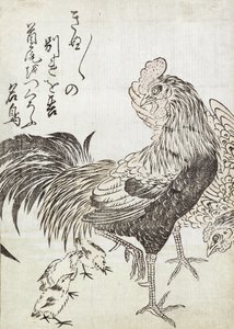 母鸡，公鸡和小鸡（木版印刷） 作者 日本学校