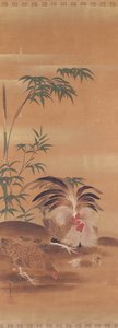 公鸡、母鸡和小鸡的日本绢画（纸张上的墨水和鎏金装饰） 作者 日本学校