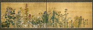 Japanese art: screen panels decorated with flowers. Style of the school of Rimpa (1596-1615). Painting on silk. Dim. 65x189 cm Private collection 作者 日本学校