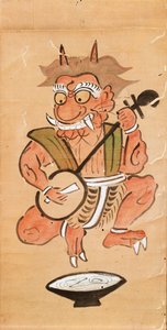 Kakemono描绘了一个扮演三味线的魔鬼（纸卷上的墨水和颜色） 作者 日本学校
