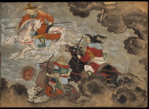 骑兵与恶魔作战，《大食馆》中的插图（纸本水墨彩色画） 作者 日本学校
