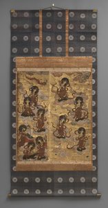 壁画：二十五岁的后裔 菩萨（阿弥陀佛的侍从）， 18 世纪（三联画挂轴：墨水、颜色和金色 纸上叶子，黄铜） 作者 日本学校