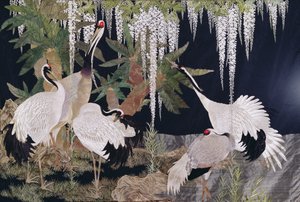 用起重机，苏铁和紫藤（纺织品）挂的针线活 作者 日本学校