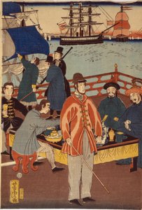 一张三联画展示了欧洲商人与日本人一起享用茶点。 背景是日本横滨港的船只 作者 日本学校
