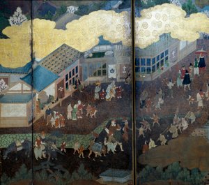 “葡萄牙”屏风：代表 16 世纪葡萄牙耶稣会传教士抵达日本。 细节。 由卡诺学派（？）实现。 1593-1600。 里斯本古代艺术博物馆 作者 日本学校