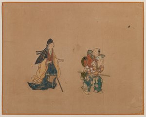 Samurai和Two Blindmen，专辑叶画（纸上的墨水和颜色） 作者 日本学校
