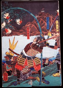 武士将敌人的头颅挂在竹杖上展示，sewamono（家庭游戏） 作者 日本学校