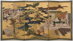 宫殿中的春天，源于源氏物语的六重屏幕，c.1650（墨水，颜色和纸上的金色） 作者 日本学校
