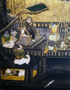 葡萄牙人在日本的到来，详细显示了船的中央部分的人，从Namban Byobu屏幕，1594-1618 作者 日本学校