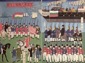 1853年佩里准将中队抵达日本港口（彩色木版画） 作者 日本学校