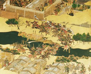 从屏幕上看Hogen战役，Momayama时期（1568-1600）（笔和墨水，颜色和金色放在面板上）（细节） 作者 Japanese School