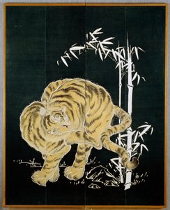 虎和竹，两扇棉布屏风（byobu）上的图案，米淀粉和靛蓝浸染颜料，日本文明，明治-大正时期 作者 日本学校