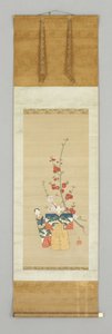两个日本娃娃和一个花
枝，18世纪末（绢上彩绘 作者 日本学校