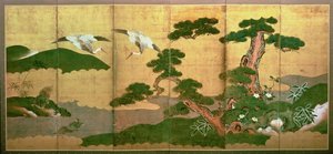 江户时代的两台起重机在松木和石木后面潜水 作者 日本学校