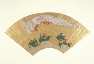 未安装的风扇：鸟类潜入冰雪覆盖的竹子，c.1700-60（黄金和纸上的wc）