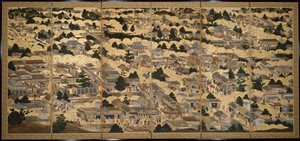 京都内外景色》（Rakuchu rakugai zu），约 1616-24 年（纸上墨水、彩色和金箔） 作者 日本学校